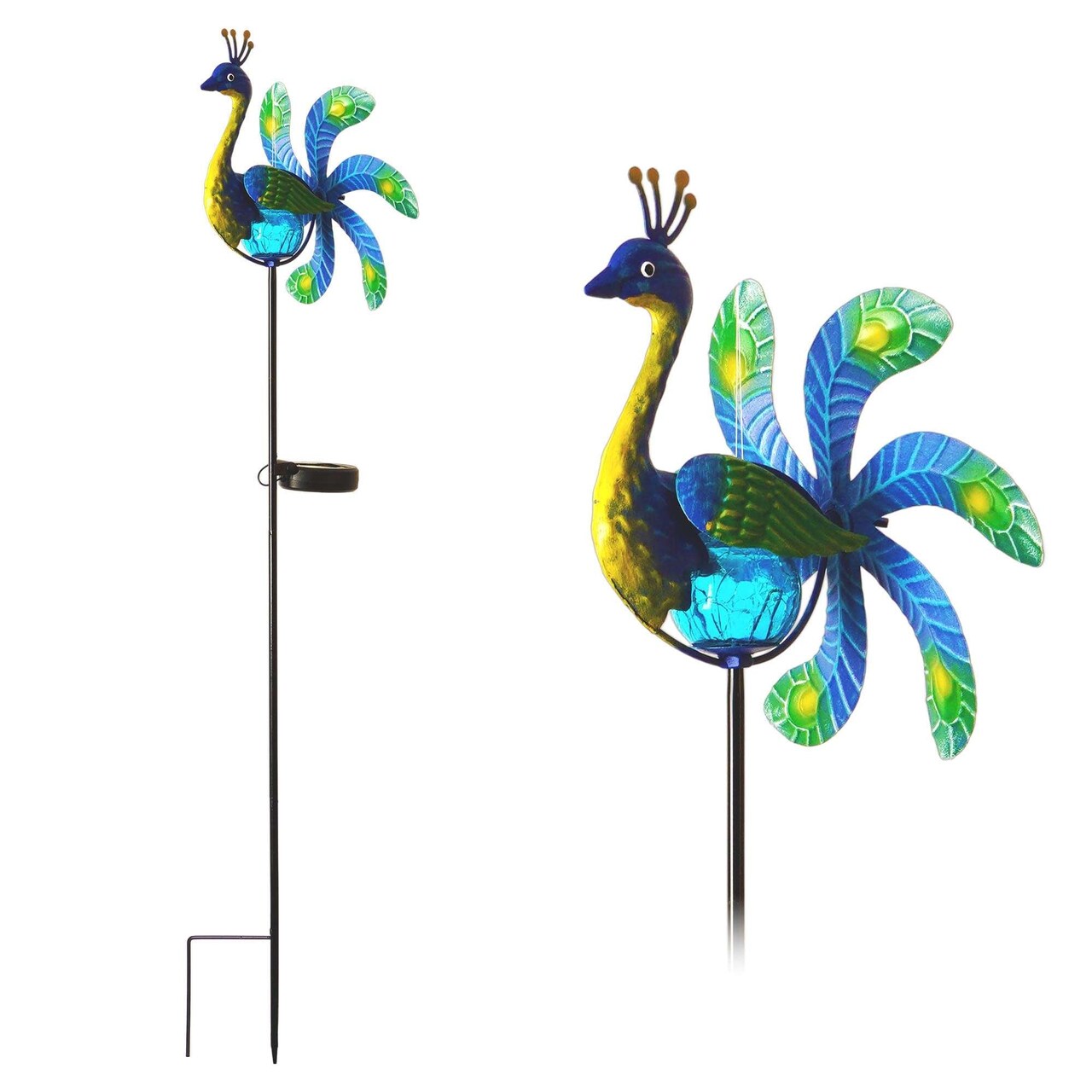 G128 Solar Peacock Metal Yard Wind Spinner Stake | Outdoor 38 inch Peacock Statue with LED Lights Decorations Swivel Wind Spinner for Patio Garden Backyard